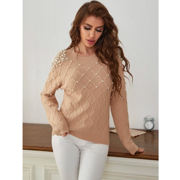 Pearl Embellished Camel Knit Textured Sweater - Picture 4 of 8